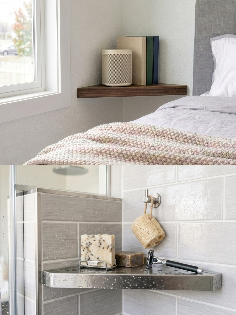 <p>A floating corner shelf. No screws. No trace.</p>