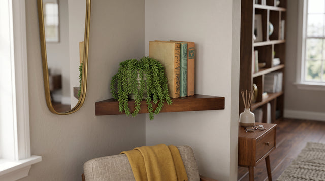 Dark Wood Magic Shelf holding books and a plant in a room corner