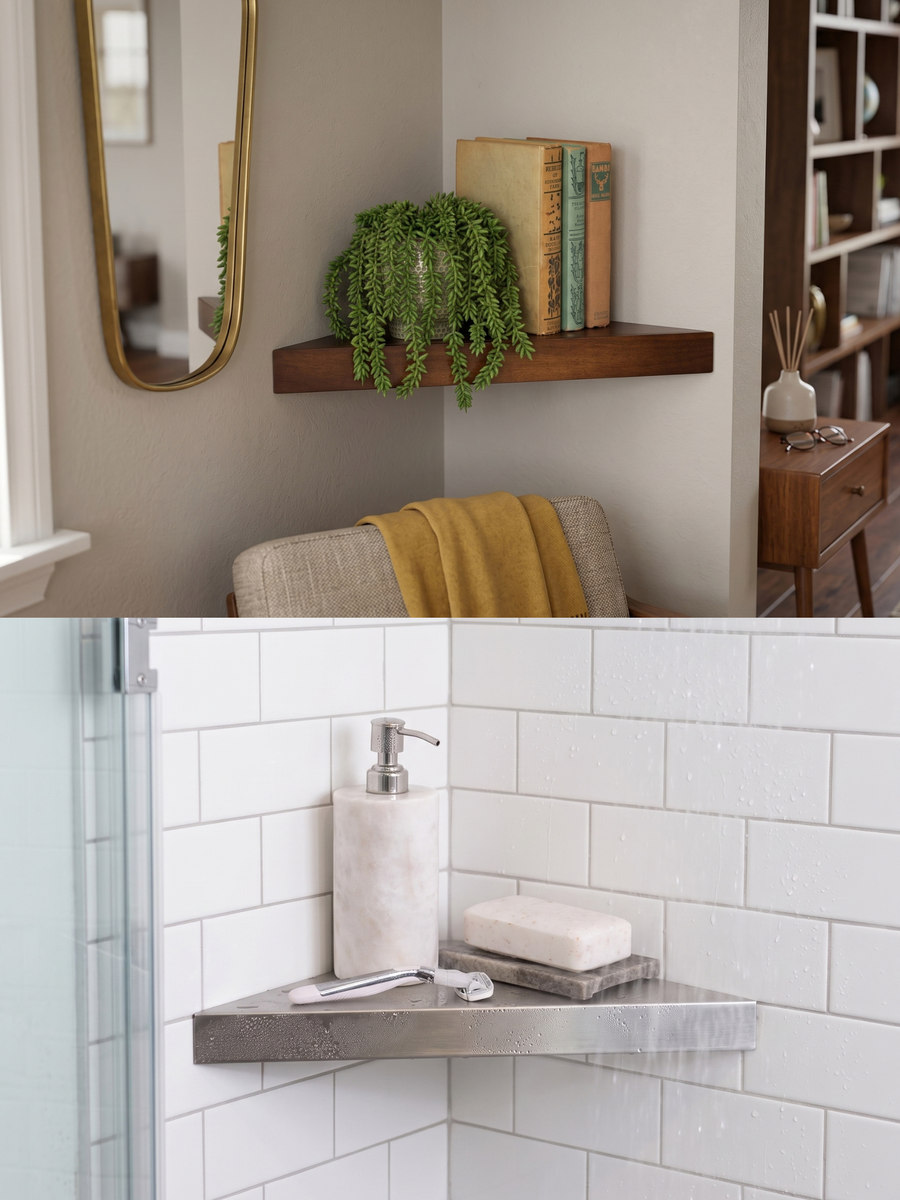 <p>A floating corner shelf. No screws. No trace.</p>
